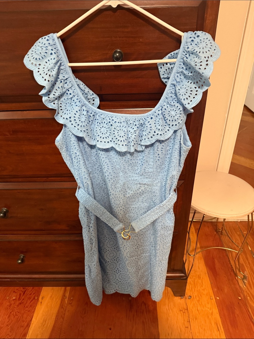 Lilly Pulitzer Light Blue Eyelet Ruffle Belted Sundress